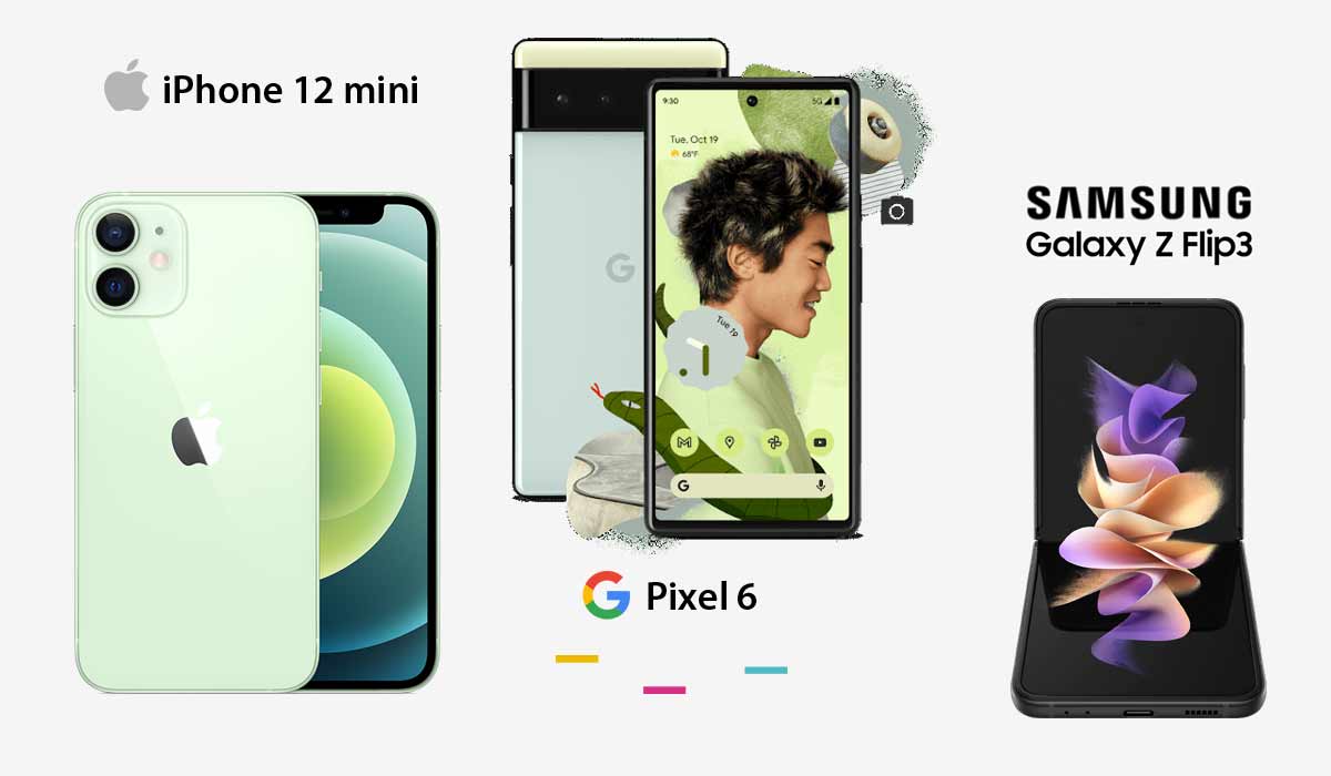 Meilleurs cellulaires petits formats  : le Galaxy Z Flip 3 de Samsung, l'iPhone 12 Mini d'Apple et le Pixel 6 de Google